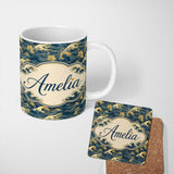 Personalized Custom Name Elegant Gold and Deep Blue Waves Seamless Pattern Name Cute Unique 11oz Ceramic Coffee Tea Mug White Large Handle