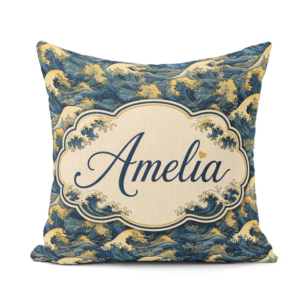 Custom Name Elegant Gold and Deep Blue Waves Seamless Name Cute Square Filled Cushion Throw Pillow Sofa Bed Home Decor Zip Washable UK Made