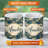 Personalized Custom Name Elegant Gold and Deep Blue Waves Seamless Pattern Name Cute Unique 11oz Ceramic Coffee Tea Mug White Large Handle