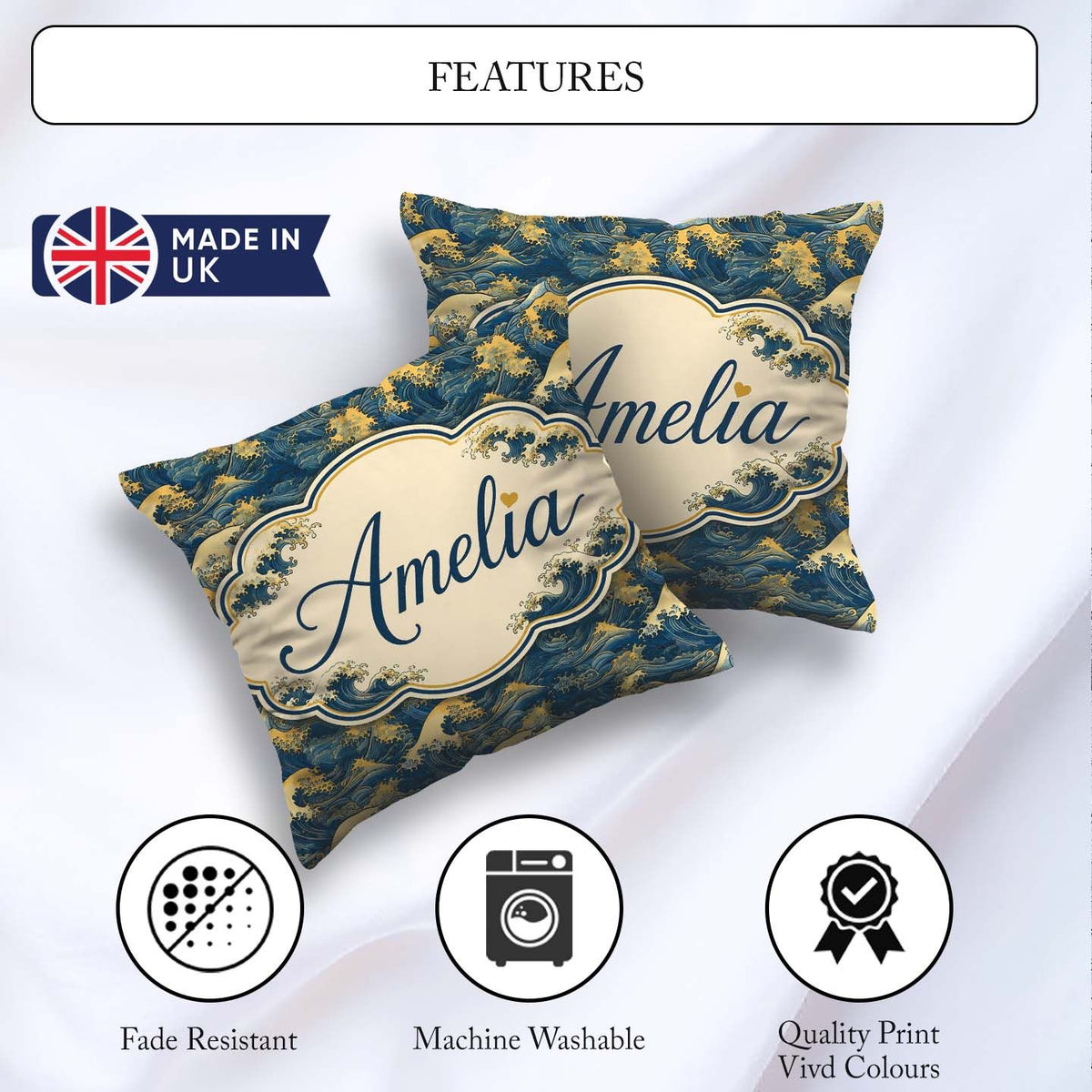 Custom Name Elegant Gold and Deep Blue Waves Seamless Name Cute Square Filled Cushion Throw Pillow Sofa Bed Home Decor Zip Washable UK Made