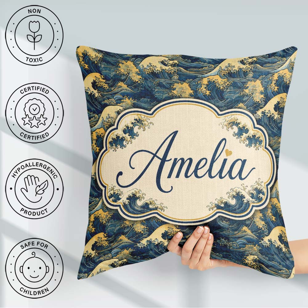 Custom Name Elegant Gold and Deep Blue Waves Seamless Name Cute Square Filled Cushion Throw Pillow Sofa Bed Home Decor Zip Washable UK Made