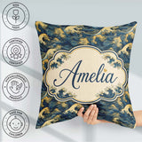 Custom Name Elegant Gold and Deep Blue Waves Seamless Name Cute Square Filled Cushion Throw Pillow Sofa Bed Home Decor Zip Washable UK Made