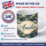 Personalized Custom Name Elegant Gold and Deep Blue Waves Seamless Pattern Name Cute Unique 11oz Ceramic Coffee Tea Mug White Large Handle