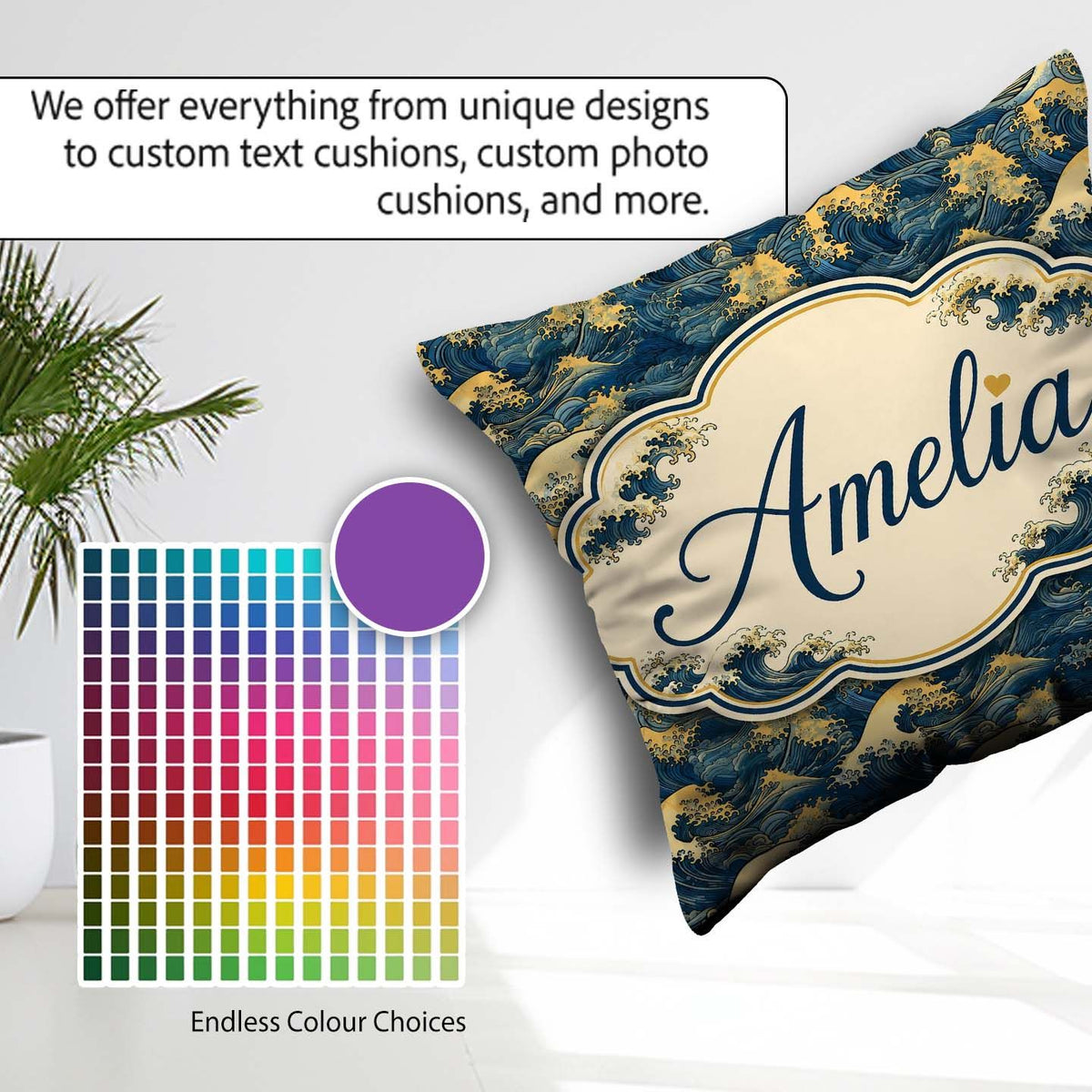 Custom Name Elegant Gold and Deep Blue Waves Seamless Name Cute Square Filled Cushion Throw Pillow Sofa Bed Home Decor Zip Washable UK Made