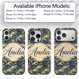 Elegant Gold and Deep Blue Waves Seamless Pattern Custom Name Protective Phone Case Mobile Cover Durable Everyday Smartphone Shock Resistant