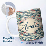 Personalized Custom Name Soft Blue and Red Ocean Waves Seamless Pattern Name Cute Unique Gift 11oz Ceramic Coffee Tea Mug White Large Handle