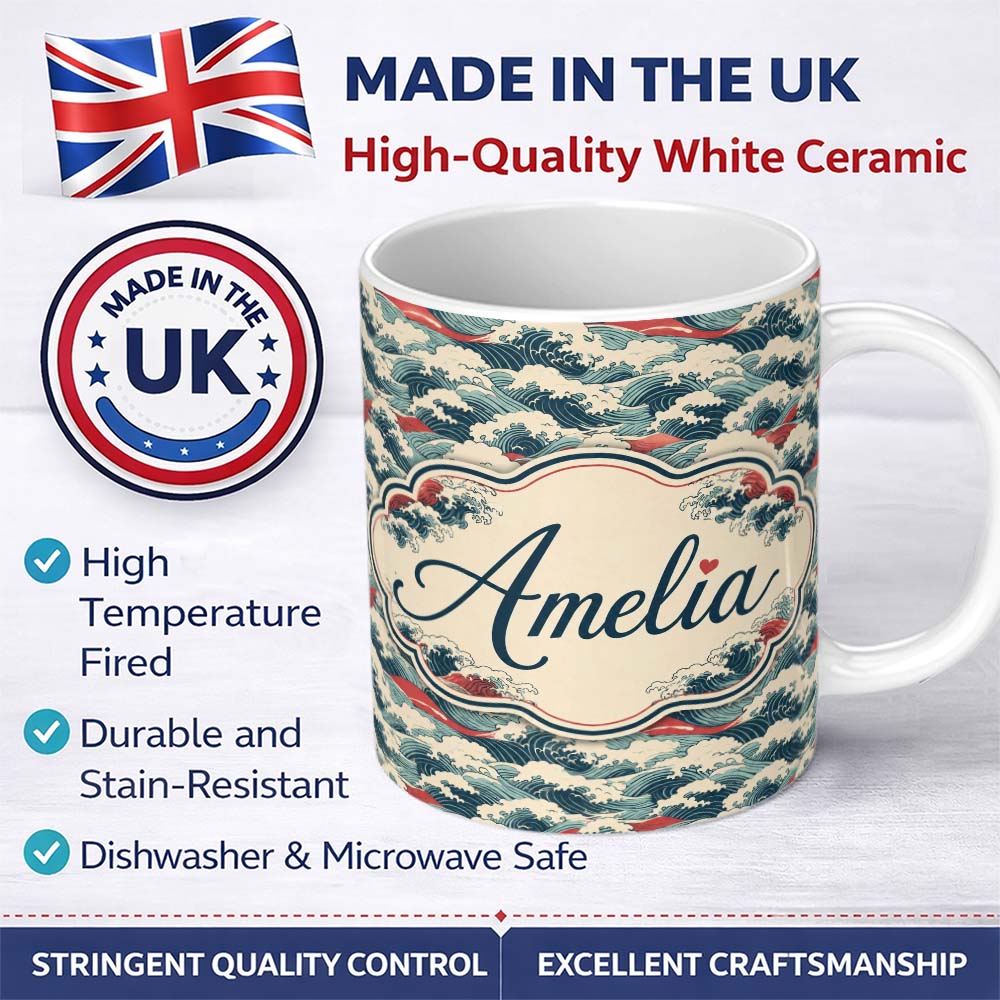 Personalized Custom Name Soft Blue and Red Ocean Waves Seamless Pattern Name Cute Unique Gift 11oz Ceramic Coffee Tea Mug White Large Handle