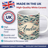 Personalized Custom Name Soft Blue and Red Ocean Waves Seamless Pattern Name Cute Unique Gift 11oz Ceramic Coffee Tea Mug White Large Handle