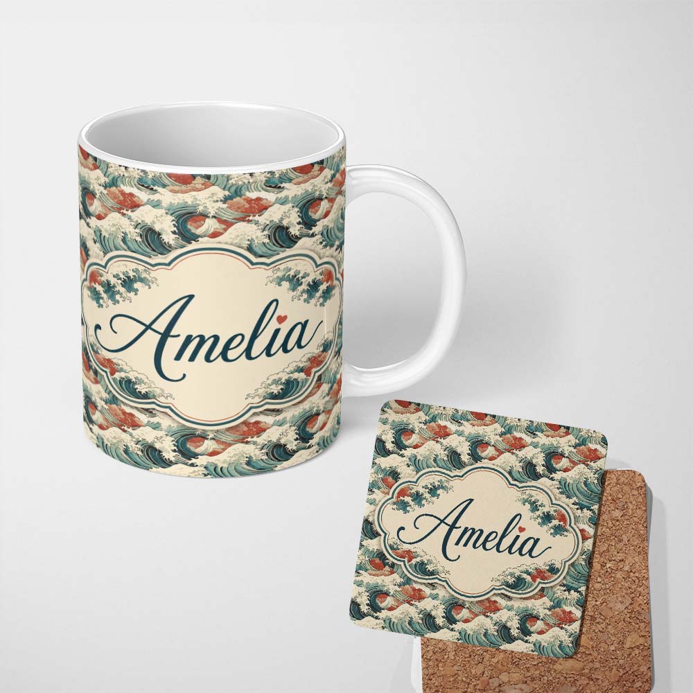 Personalized Custom Name Detailed Japanese Wave Foam Pattern Seamless Design Name Cute 11oz Ceramic Coffee Tea Mug White Large Handle