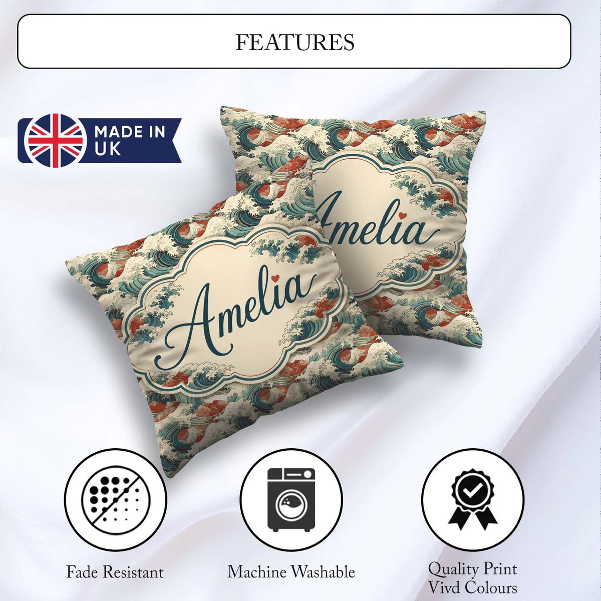 Custom Name Detailed Japanese Wave Foam Pattern Design Name Cute Square Filled Cushion Throw Pillow Sofa Bed Home Decor Zip Washable UK Made