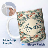 Personalized Custom Name Detailed Japanese Wave Foam Pattern Seamless Design Name Cute 11oz Ceramic Coffee Tea Mug White Large Handle