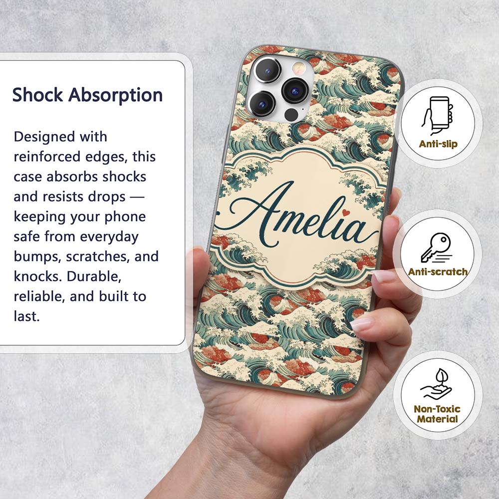 Detailed Japanese Wave Foam Pattern Seamless Custom Name Protective Phone Case Mobile Cover Durable Everyday Smartphone Shock Resistant