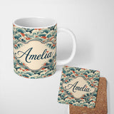 Personalized Custom Name Stylised Blue and Coral Japanese Waves Seamless Pattern Name Cute 11oz Ceramic Coffee Tea Mug White Large Handle