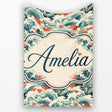 Stylised Blue and Coral Japanese Waves Seamless Pattern Name Cute  Personalised Custom Name Super Soft Fleece Blanket Bed Sofa Throw