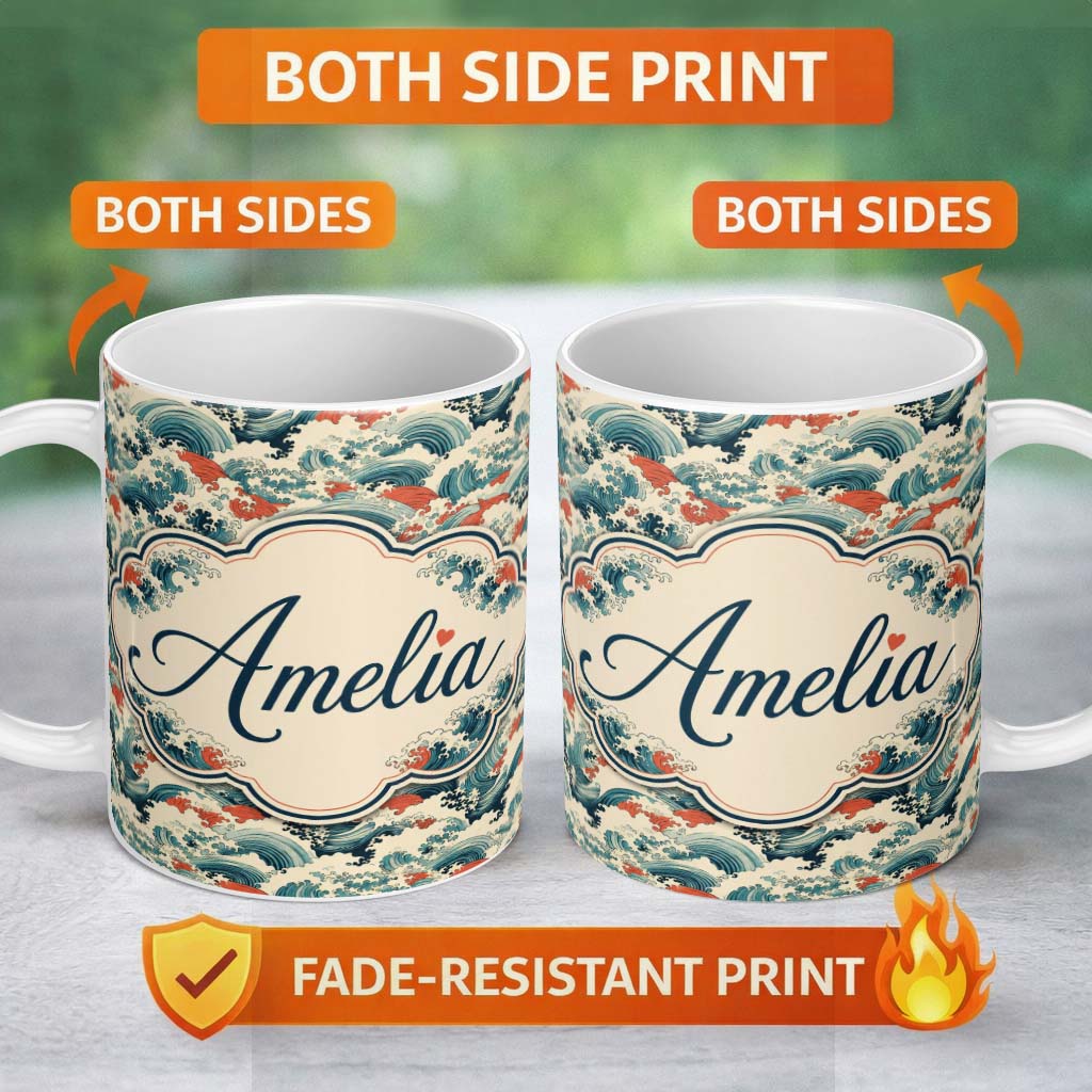 Personalized Custom Name Stylised Blue and Coral Japanese Waves Seamless Pattern Name Cute 11oz Ceramic Coffee Tea Mug White Large Handle