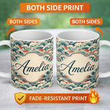 Personalized Custom Name Stylised Blue and Coral Japanese Waves Seamless Pattern Name Cute 11oz Ceramic Coffee Tea Mug White Large Handle