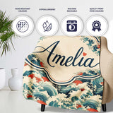 Stylised Blue and Coral Japanese Waves Seamless Pattern Name Cute  Personalised Custom Name Super Soft Fleece Blanket Bed Sofa Throw
