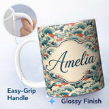 Personalized Custom Name Stylised Blue and Coral Japanese Waves Seamless Pattern Name Cute 11oz Ceramic Coffee Tea Mug White Large Handle