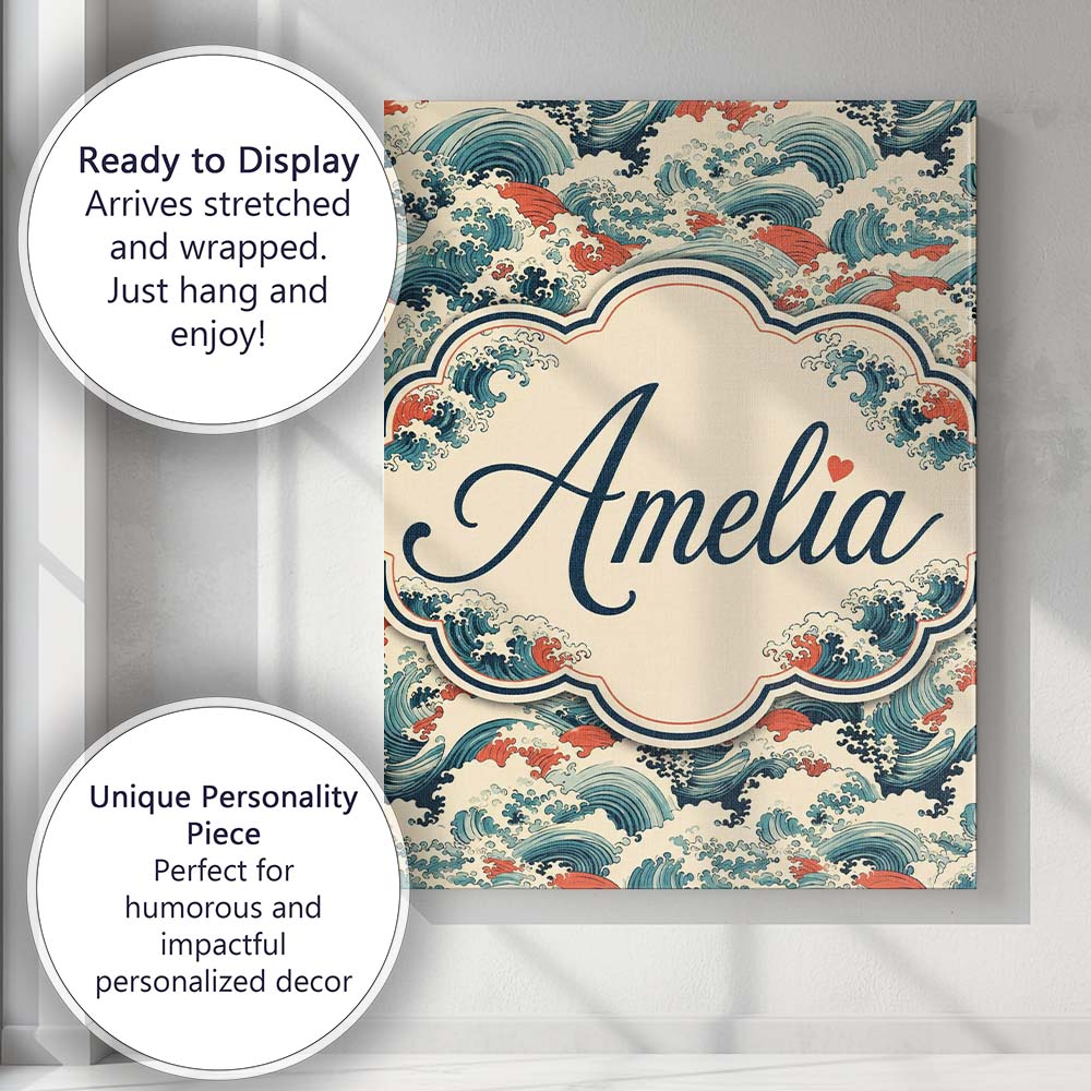 Personalised Name Stylised Blue and Coral Custom  Unique Gift Idea Elegant Feature Canvas Wall Art Print Decor Picture Ready to Hang
