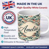 Personalized Custom Name Stylised Blue and Coral Japanese Waves Seamless Pattern Name Cute 11oz Ceramic Coffee Tea Mug White Large Handle