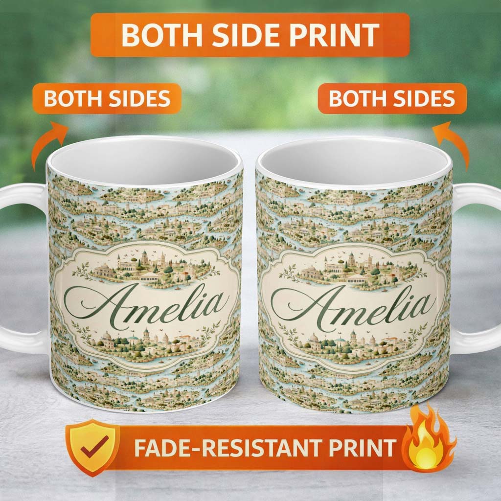 Personalized Custom Name Mediterranean Coastal Town Scenic Seamless Pattern Name Cute Unique 11oz Ceramic Coffee Tea Mug White Large Handle