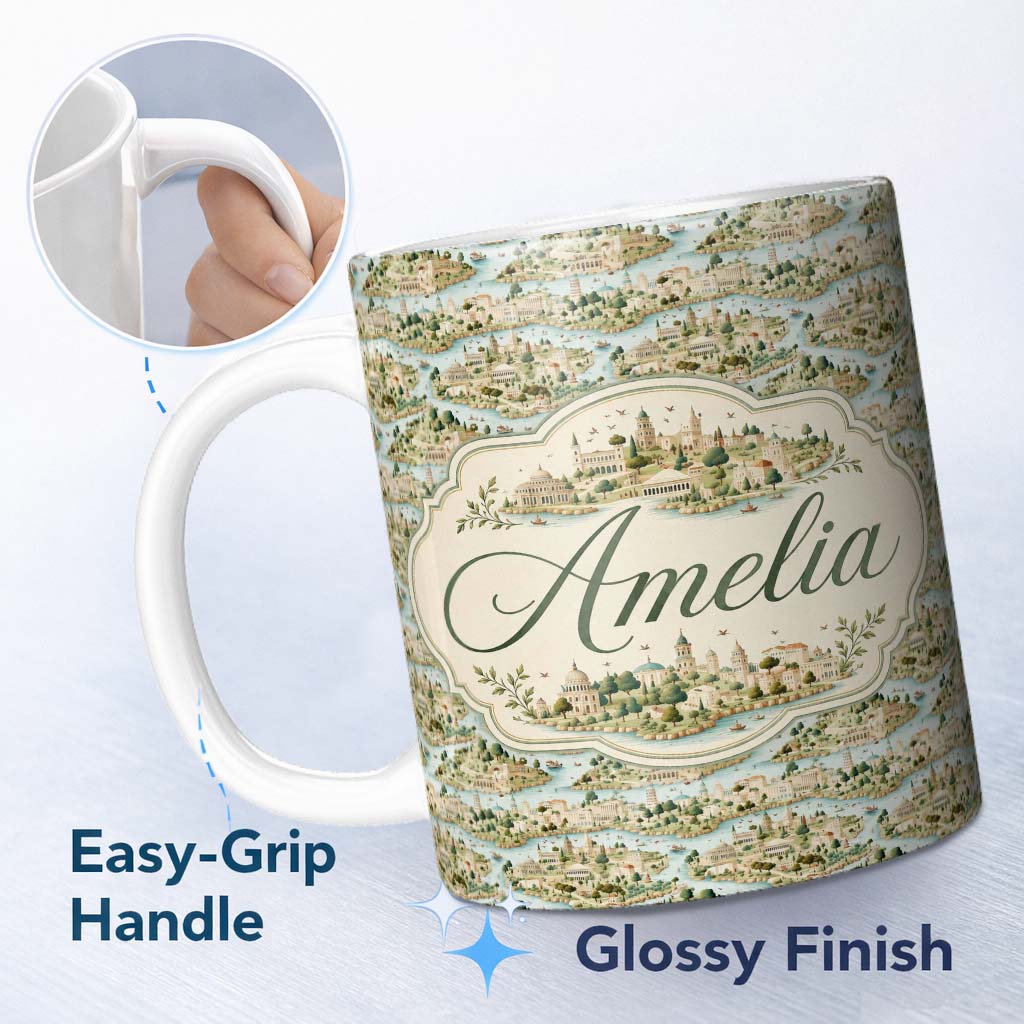 Personalized Custom Name Mediterranean Coastal Town Scenic Seamless Pattern Name Cute Unique 11oz Ceramic Coffee Tea Mug White Large Handle