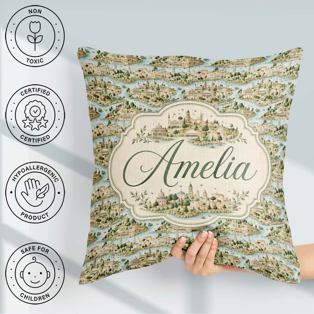 Custom Name Mediterranean Coastal Town Scenic Seamless Name Cute Square Filled Cushion Throw Pillow Sofa Bed Home Decor Zip Washable UK Made
