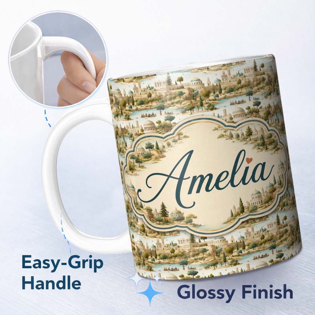 Personalized Custom Name Vintage Riverside Village Landscape Seamless Pattern Name Cute 11oz Ceramic Coffee Tea Mug White Large Handle
