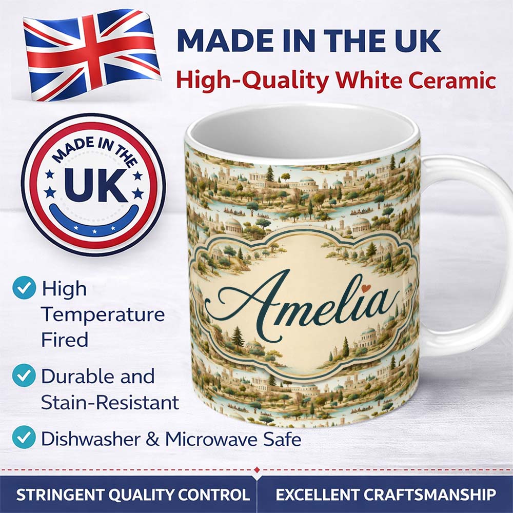 Personalized Custom Name Vintage Riverside Village Landscape Seamless Pattern Name Cute 11oz Ceramic Coffee Tea Mug White Large Handle