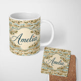 Personalized Custom Name Ancient Coastal City Illustration Seamless Pattern Name Cute Unique 11oz Ceramic Coffee Tea Mug White Large Handle
