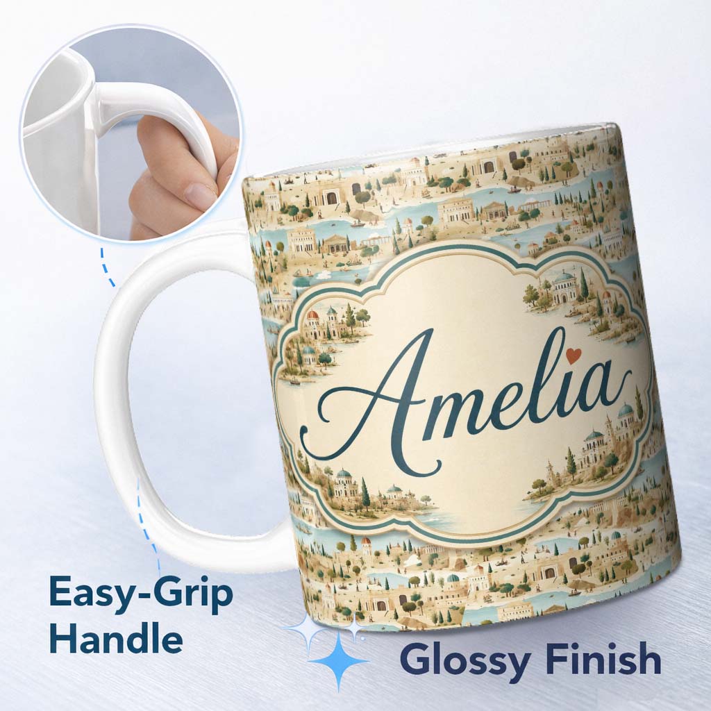Personalized Custom Name Ancient Coastal City Illustration Seamless Pattern Name Cute Unique 11oz Ceramic Coffee Tea Mug White Large Handle