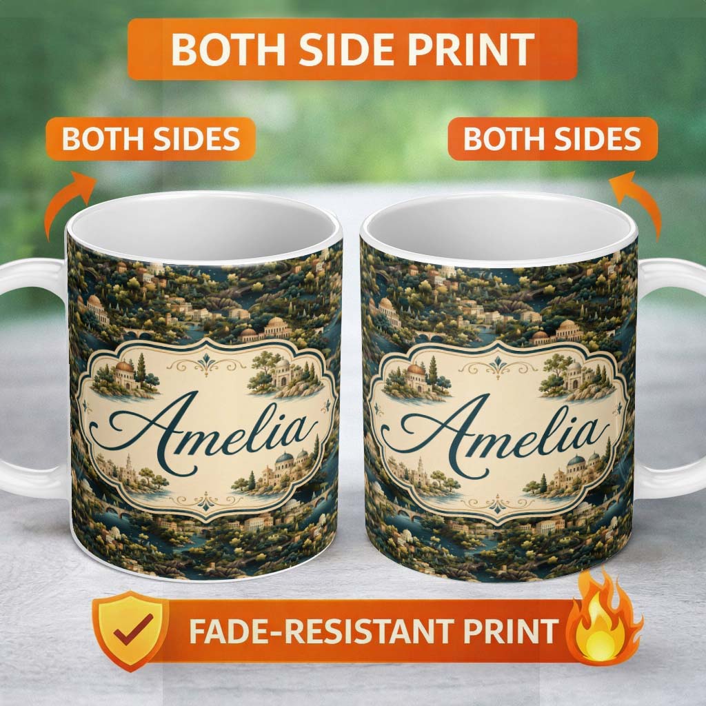 Personalized Custom Name Lush River Valley Town Scenic Seamless Pattern Name Cute Unique Gift 11oz Ceramic Coffee Tea Mug White Large Handle