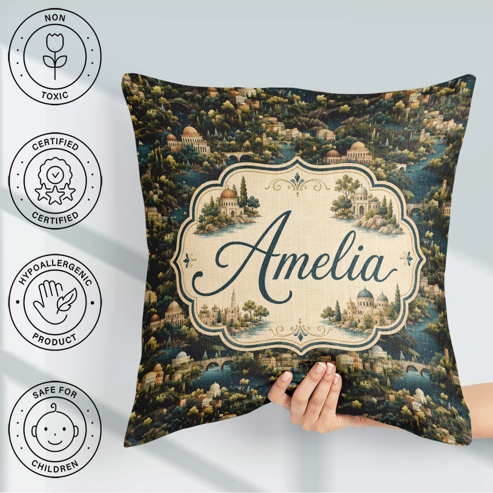 Custom Name Lush River Valley Town Scenic Seamless Pattern Name Square Filled Cushion Throw Pillow Sofa Bed Home Decor Zip Washable UK Made