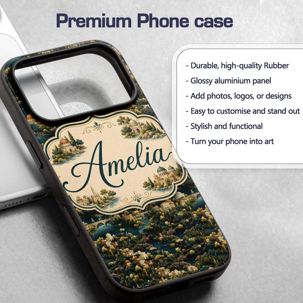 Lush River Valley Town Scenic Seamless Pattern Custom Name Protective Phone Case Mobile Cover Durable Everyday Smartphone Shock Resistant