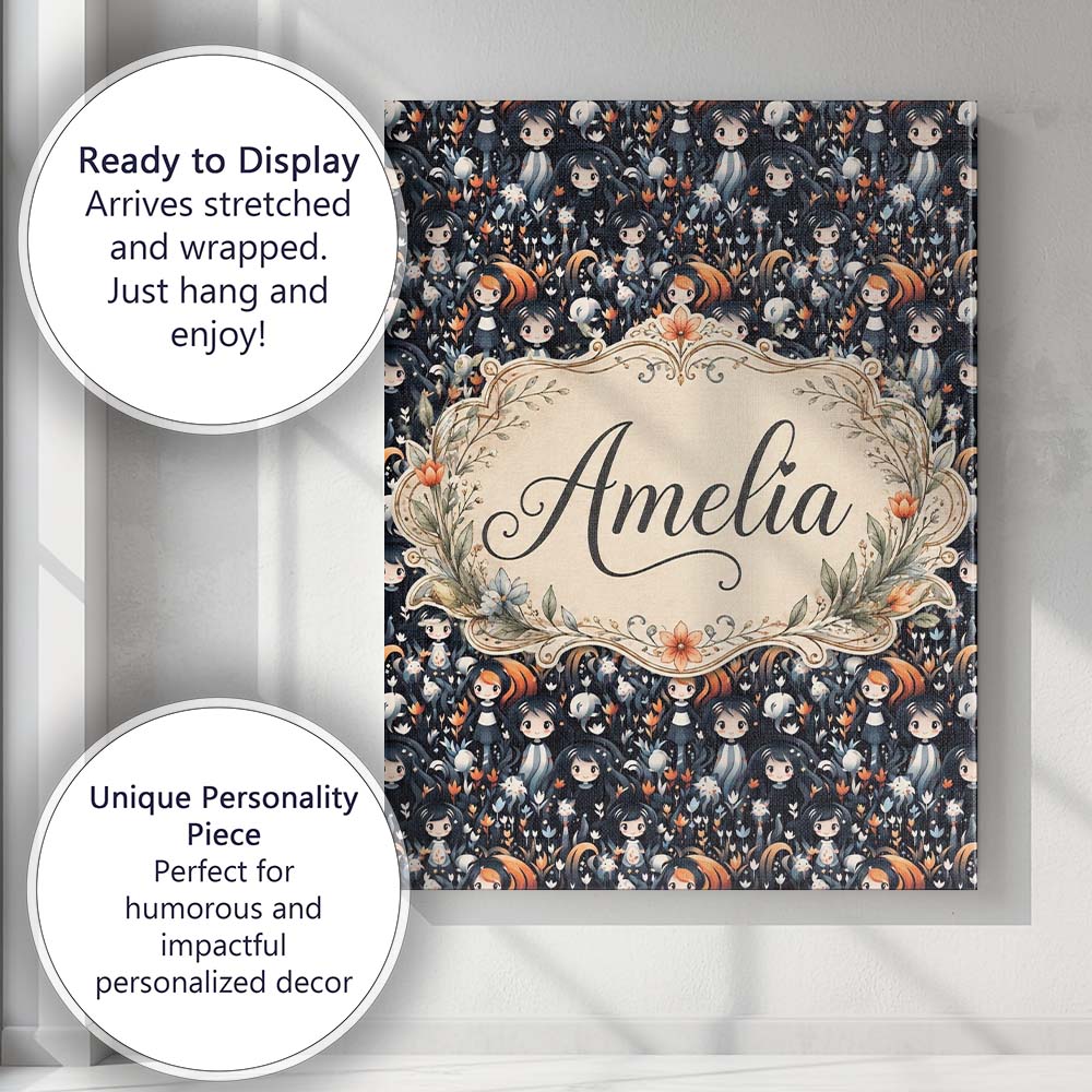 Personalised Name Cute Gothic Dolls with Custom  Unique Gift Idea Elegant Feature Canvas Wall Art Print Decor Picture Ready to Hang