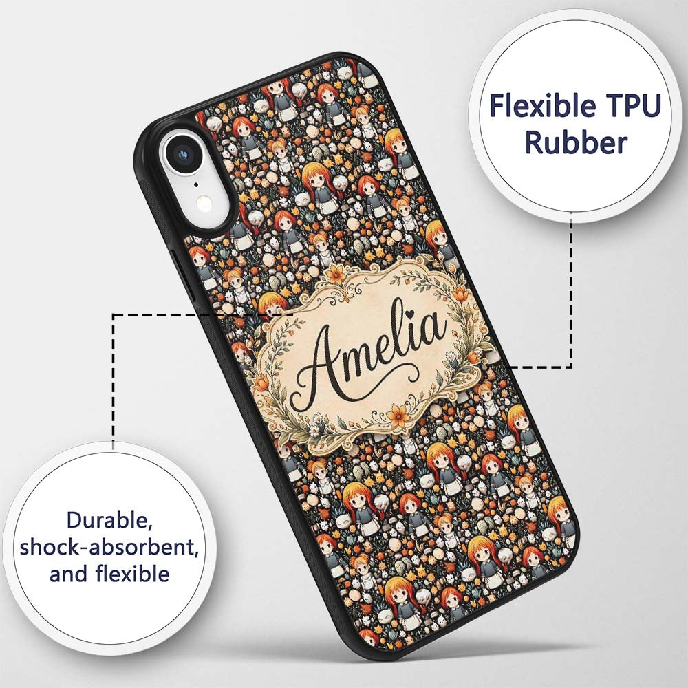 Chibi Orange Haired Girl Forest Animal Seamless Custom Name Protective Phone Case Mobile Cover Durable Everyday Smartphone Shock Resistant