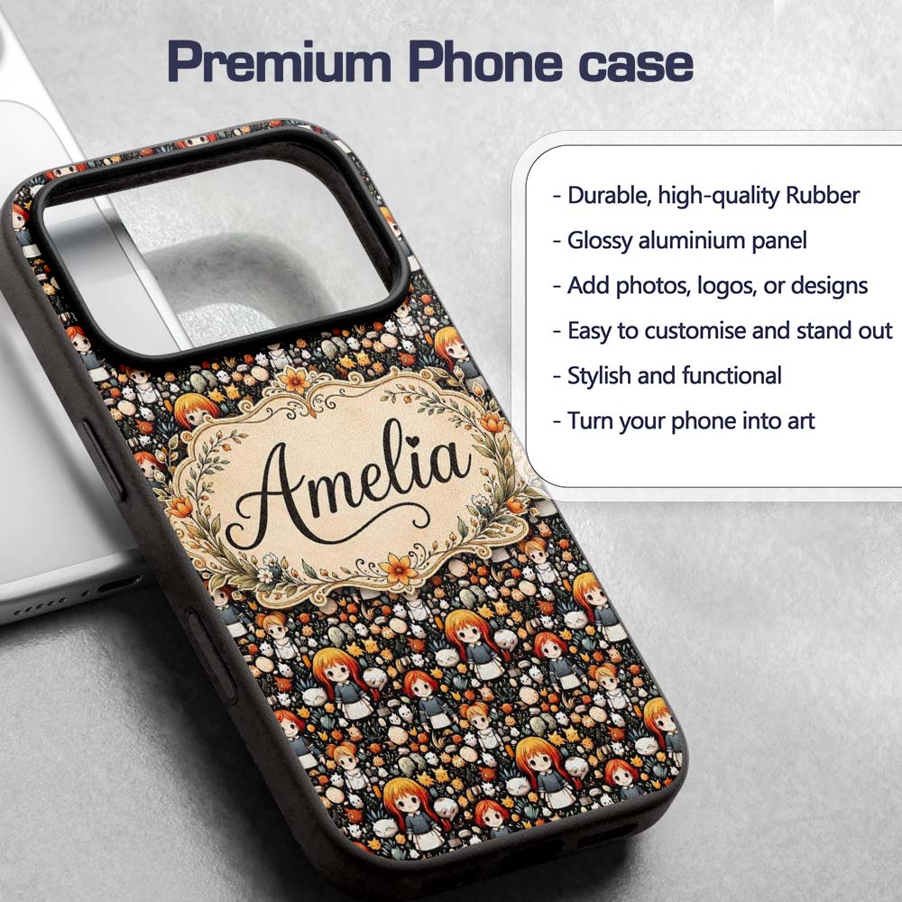 Chibi Orange Haired Girl Forest Animal Seamless Custom Name Protective Phone Case Mobile Cover Durable Everyday Smartphone Shock Resistant