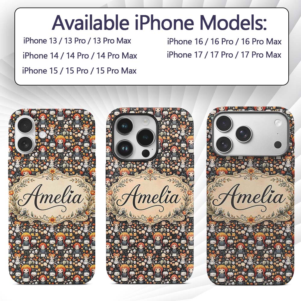 Chibi Orange Haired Girl Forest Animal Seamless Custom Name Protective Phone Case Mobile Cover Durable Everyday Smartphone Shock Resistant