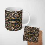 Personalized Custom Name Cute Fantasy Chibi Boys Fire Nature Characters Seamless Pattern Art 11oz Ceramic Coffee Tea Mug White Large Handle