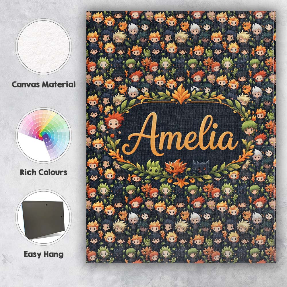 Personalised Name Cute Fantasy Chibi Boys Custom  Unique Gift Idea Elegant Feature Canvas Wall Art Print Decor Picture Ready to Hang