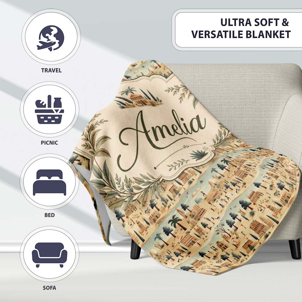 Ancient Desert Village Scenic Landscape Seamless Pattern Art Name  Personalised Custom Name Super Soft Fleece Blanket Bed Sofa Throw