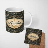 Personalized Custom Name Night City Skyline Illustration Gold Detail Seamless Pattern Art 11oz Ceramic Coffee Tea Mug White Large Handle
