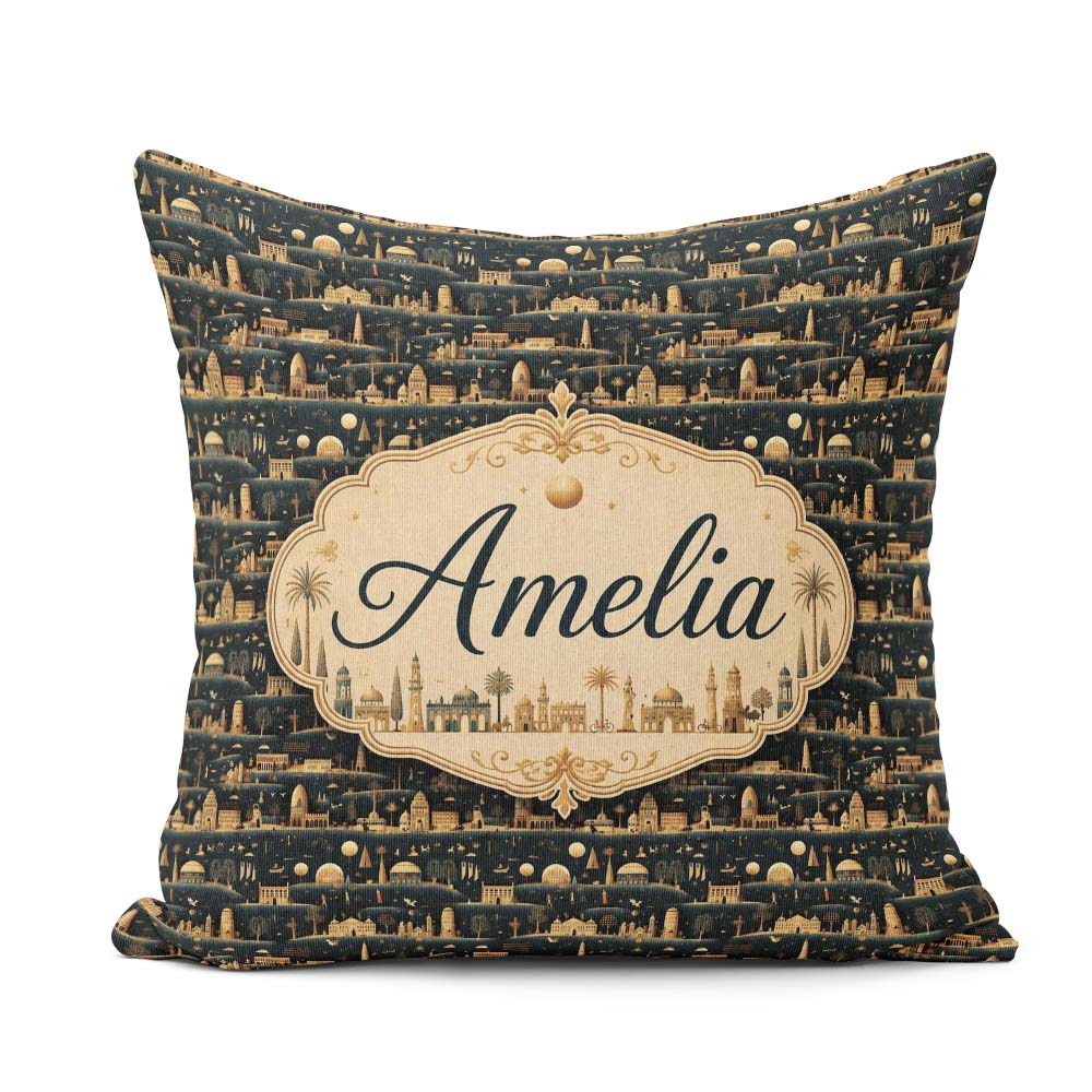Custom Name Night City Skyline Gold Detail Seamless Pattern Art Square Filled Cushion Throw Pillow Sofa Bed Home Decor Zip Washable UK Made