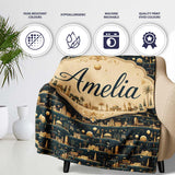 Night City Skyline Illustration Gold Detail Seamless Pattern Art  Personalised Custom Name Super Soft Fleece Blanket Bed Sofa Throw
