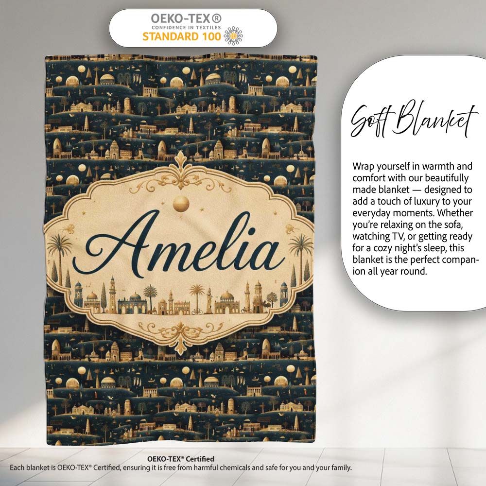 Night City Skyline Illustration Gold Detail Seamless Pattern Art  Personalised Custom Name Super Soft Fleece Blanket Bed Sofa Throw