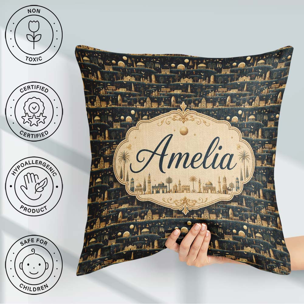 Custom Name Night City Skyline Gold Detail Seamless Pattern Art Square Filled Cushion Throw Pillow Sofa Bed Home Decor Zip Washable UK Made