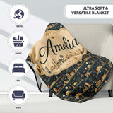 Night City Skyline Illustration Gold Detail Seamless Pattern Art  Personalised Custom Name Super Soft Fleece Blanket Bed Sofa Throw