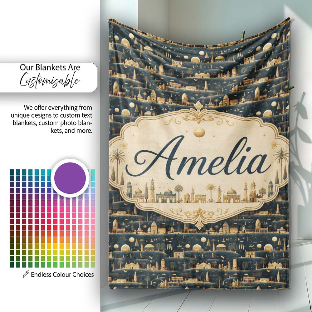 Night City Skyline Illustration Gold Detail Seamless Pattern Art  Personalised Custom Name Super Soft Fleece Blanket Bed Sofa Throw