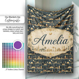 Night City Skyline Illustration Gold Detail Seamless Pattern Art  Personalised Custom Name Super Soft Fleece Blanket Bed Sofa Throw