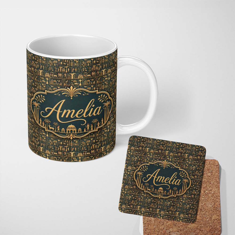 Personalized Custom Name Ancient Hieroglyphics Symbols Decorative Seamless Pattern Art Name 11oz Ceramic Coffee Tea Mug White Large Handle